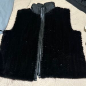 Women's Black real mink Fur Vest with leather and down goose